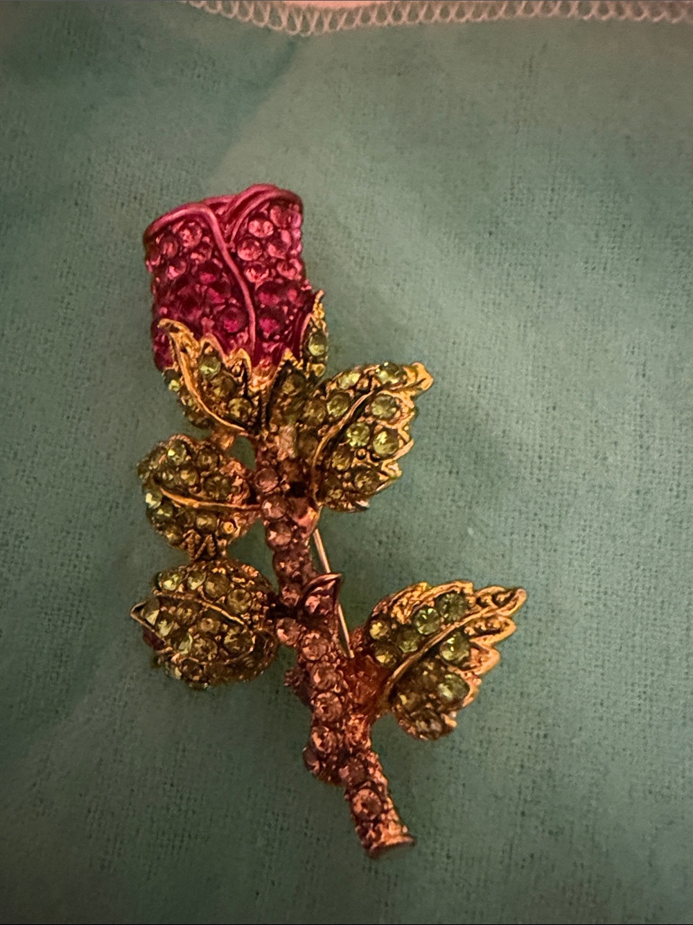Rhinestone Rose Brooch Pin - Pink and Green Floral Jewelry